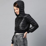 Women Black Solid Cropped Puffer Jacket