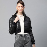 Women Black Solid Cropped Puffer Jacket