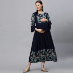 "Women Navy Blue Embroidered Maternity Feeding Maxi Nursing Dress "