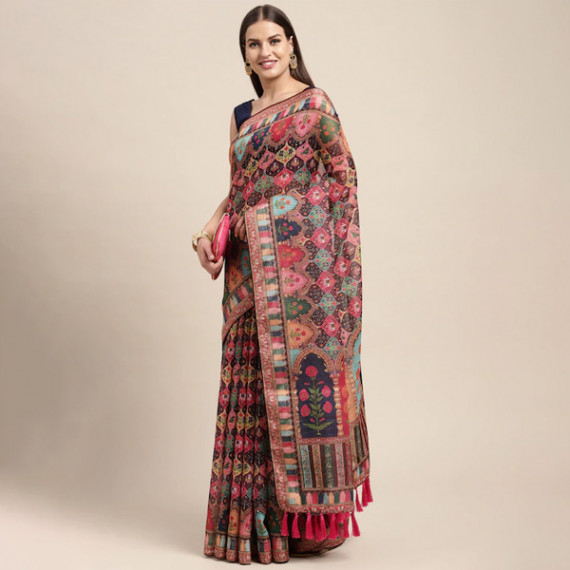 https://shop-ally.in/products/peach-coloured-multicoloured-kalamkari-sequinned-linen-blend-block-print-saree